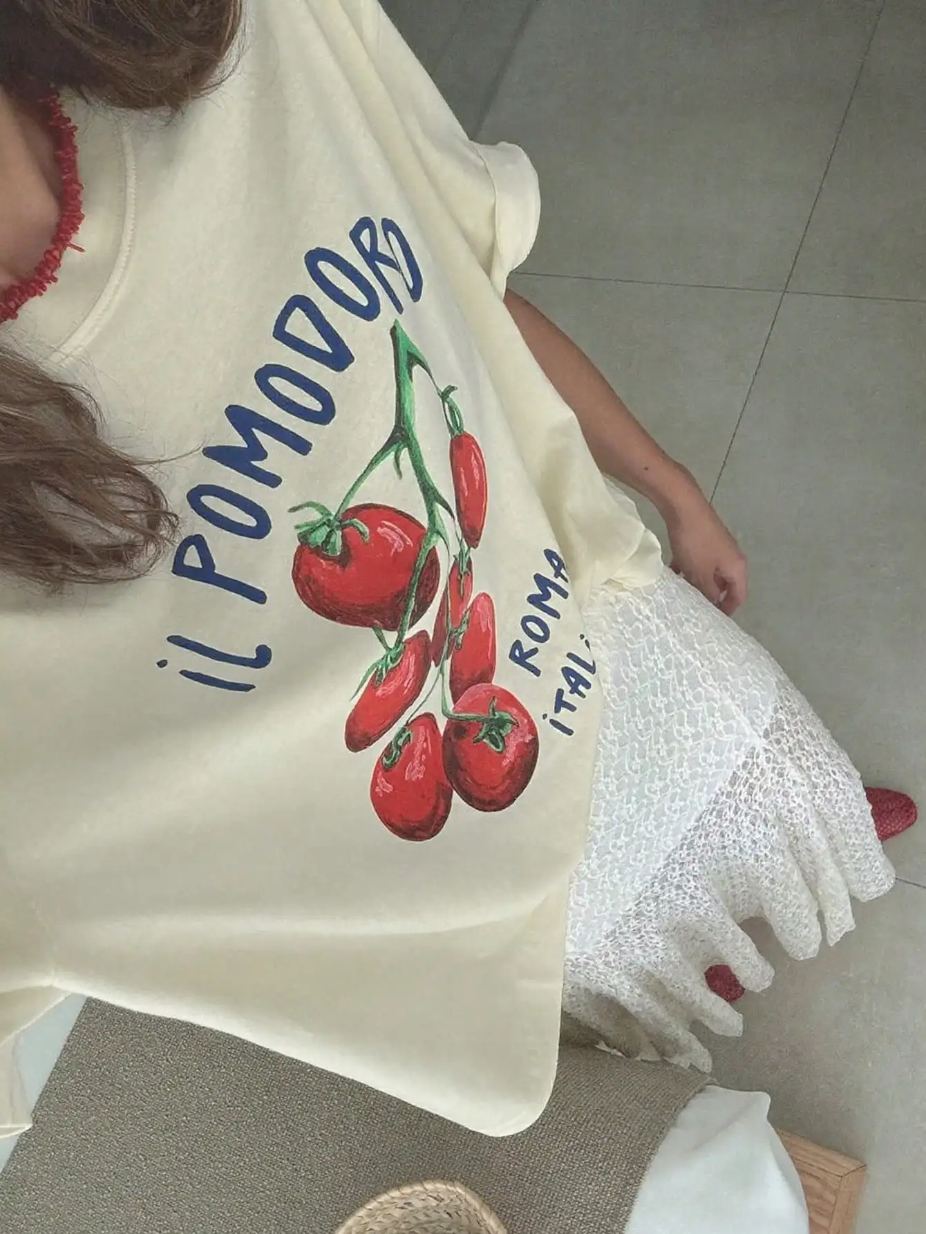 Damska koszulka z krótkim rękawem i okrągłym dekoltem z nadrukiem pomidorów, urocza estetyczna koszulka owocowa, modna odzież damska, stroje plażowe