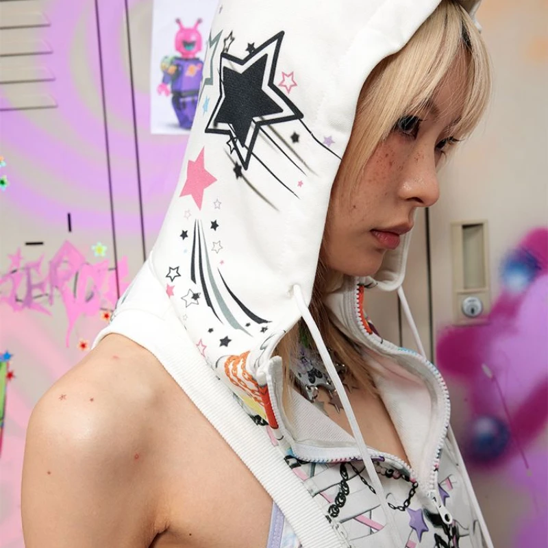

American street trend spicy girl personality hip-hop bow skull print hooded vest summer trend women's tops Y2K Harajuku style