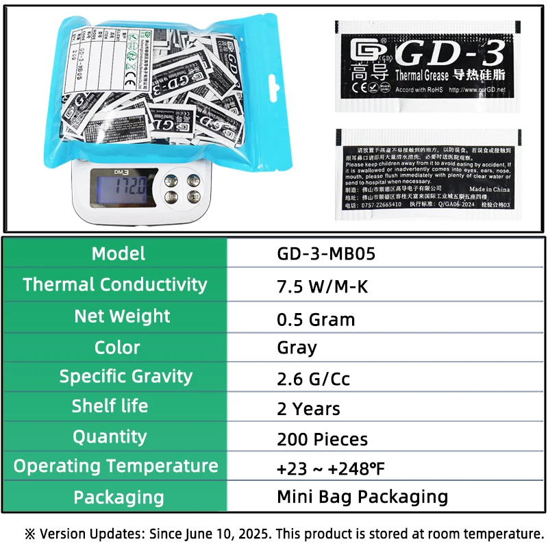 Net Weight 0.5 Gram 200 PCS Grey GD-3 Thermal Conductive Grease Paste Plaster Heat Sink Compound  for CPU Cooling GPU PS5 Game