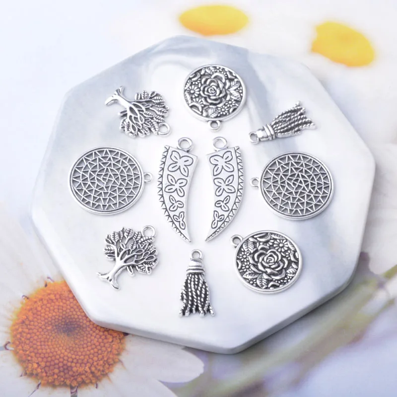 10 Stück Boho Zinklegierung Runde Ohrring-Anhänger Runder Baum Sonnenblumen-Anhänger DIY Damenohrringe – Detail 5