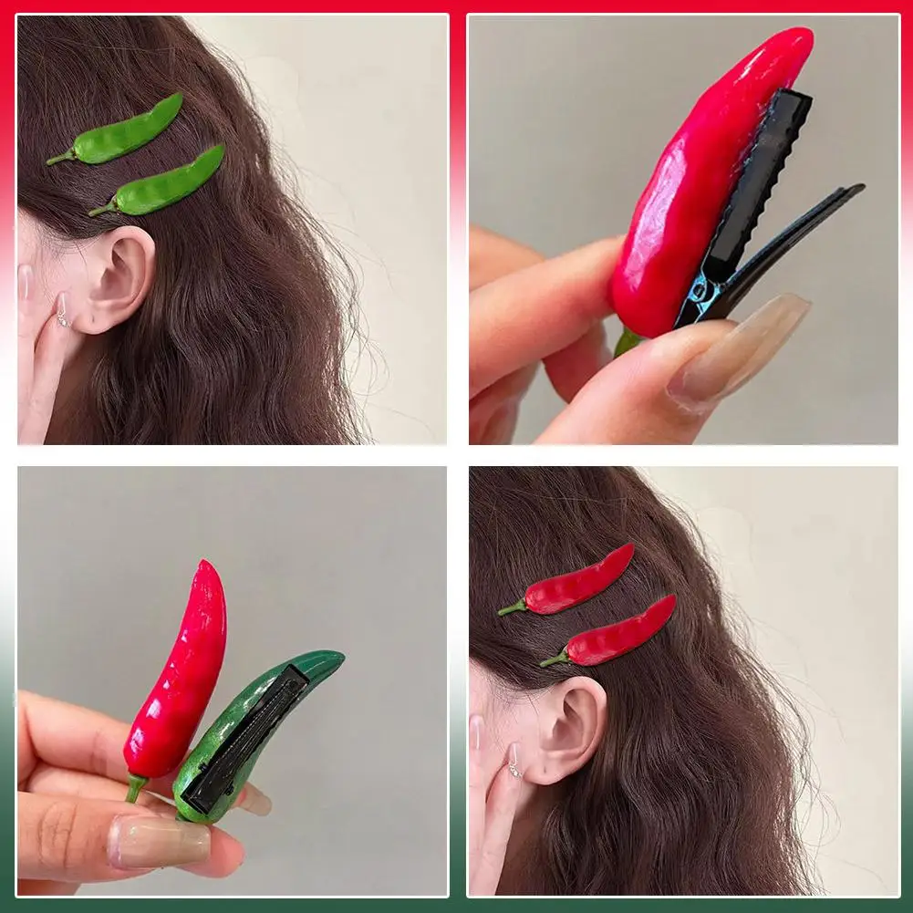 Lovely 3D Simulation Vegetable Hairpin Bangs Side Barrettes Peppers Red Side Headdress Pins Chili Hair Green Clip Bangs V5X8