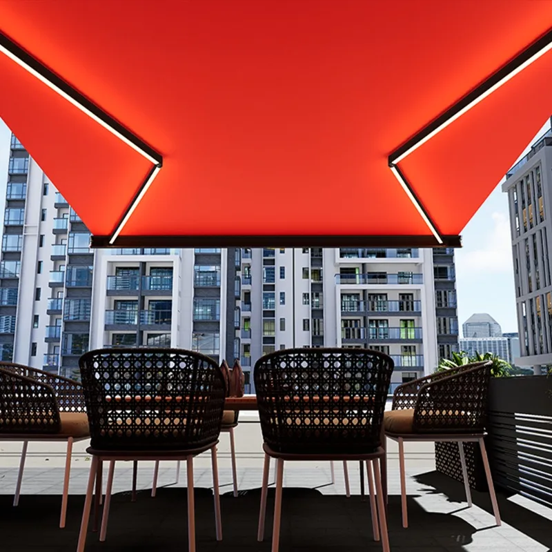 Custom Fabric Expandable Mechanical Horizontal Sun Shed Remote Automatic Retractable Awning with Led Lights