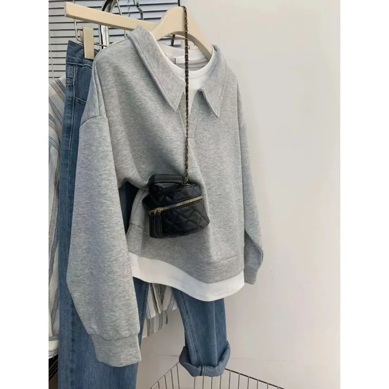 Plus Size Fake Two Piece Polo Collar Sweatshirt Women Spring Autumn Loose Stitching Long Sleeve Casual Top S To 8XL
