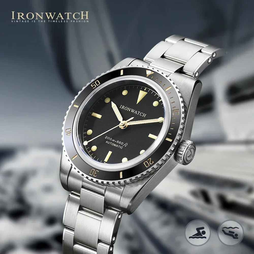 Ironwatch-メンズ自動機械式ダイバーウォッチ,ビンテージスポーツウォッチ,nh35ムーブメント,39mm, 200m,防水,発光