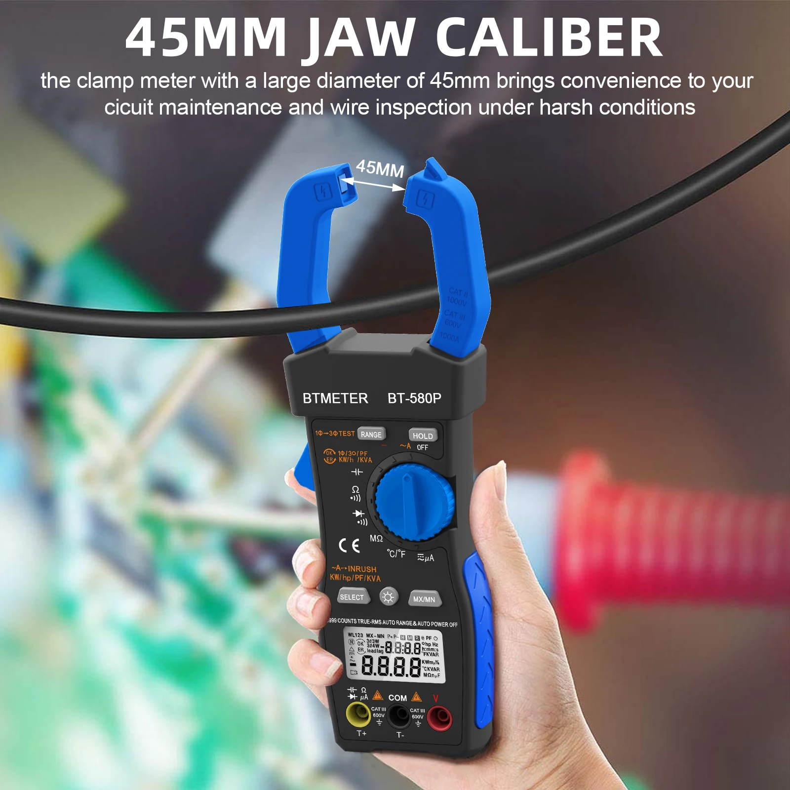 BT-580P Three-Phase Clamp Meter 9999 Display Power Tester Meter In-Rush Current,True RMS,ACV,ACA,KW,KVA,for HVAC