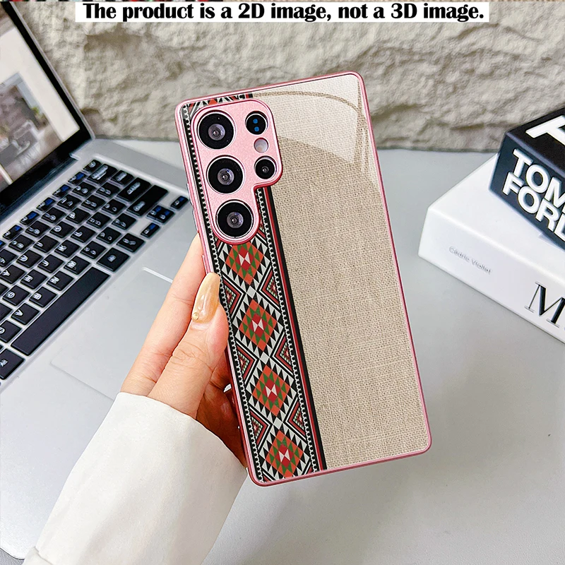 Red Orange Linen Texture 2D Glass Case For Samsung S/A Series, Anti-drop Full Coverage Cover