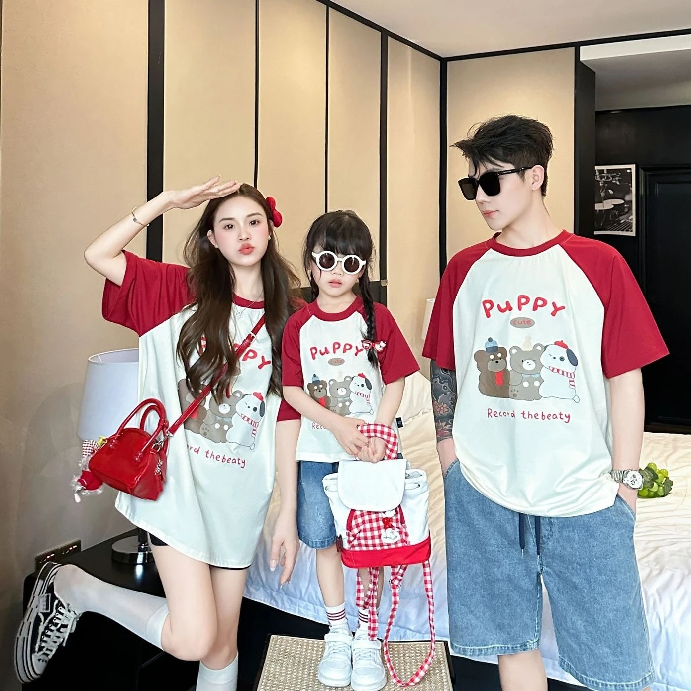 

Family Funny T-shirt Cotton Short Sleeve Father Mother and Son Daughter Tees Tops Baby Bodysuit Parent-child Matching Clothes