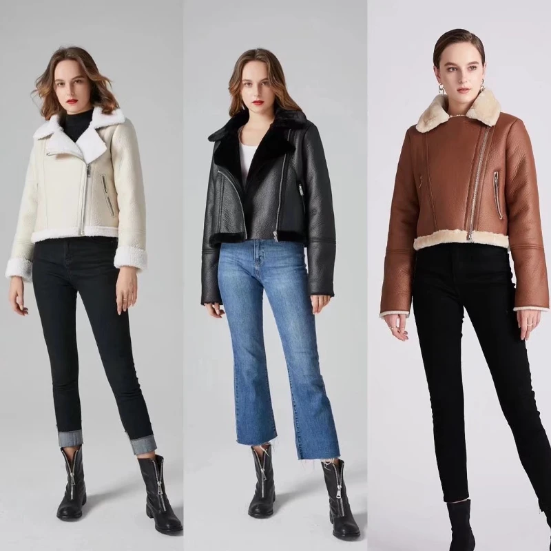 

Zipper Faux Fur Jacket Slim Short Black Patchwork Plush Coat Leather and Fur Luxury Faux Lamb Furry Jacket Fluffy Warm Overcoats