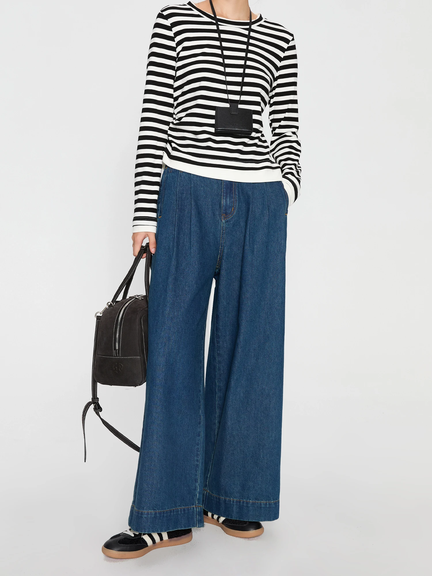 DUSHU Female Jeans Women Wide Leg Trousers High Waist Pleated Design Office Lady Autumn Full Length Denim Blue Pant 24DS83095