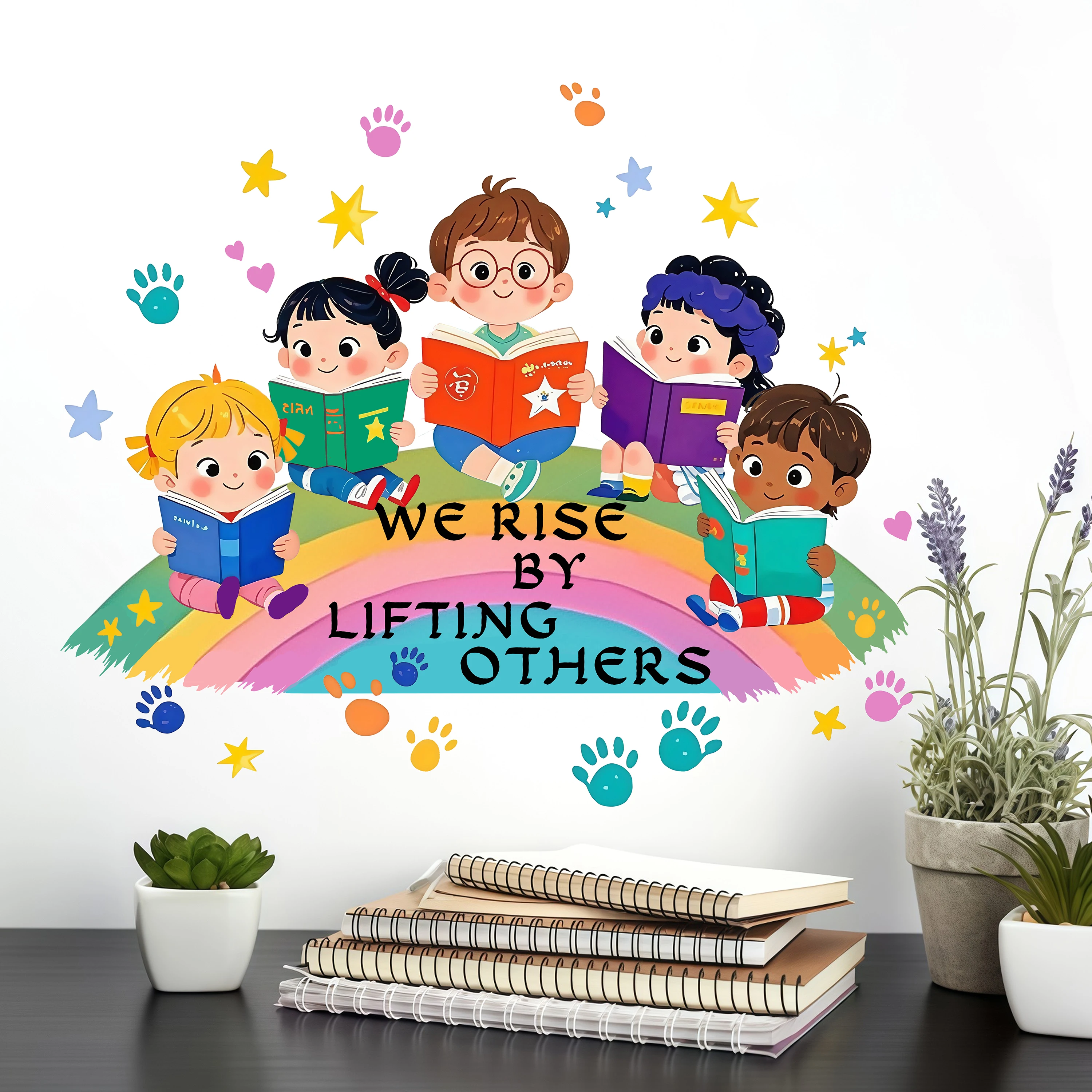 Rainbow Motif 'We Rise by Lifting Others' Wall Decal Self-Adhesive Bedroom Room Decor Welcome Sticker One Piece