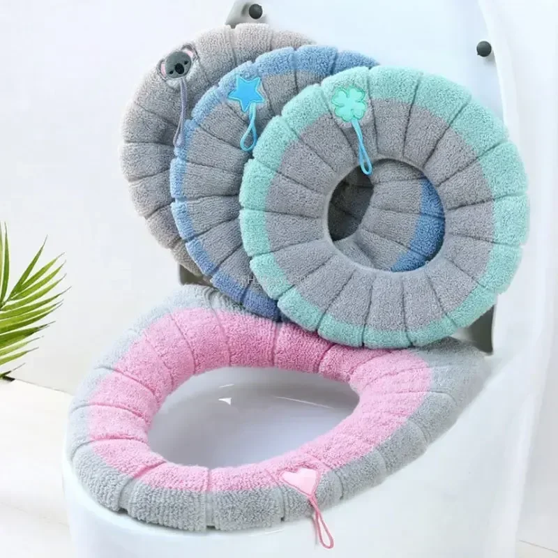 

Winter Warm Toilet Seat Cover Washable Bathroom Toilet Pad Cushion With Handle Thicker Soft Mat Knitting Warmer Closestool Mat