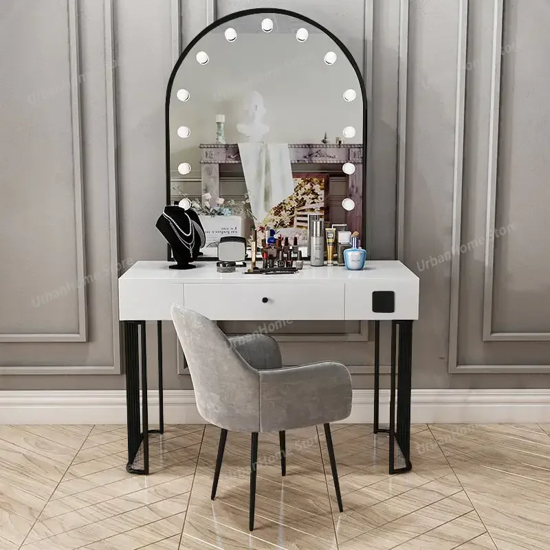 

Vanity Set with Lighted Mirror, Makeup Vanity Dressing Table with LED Light, Drawers, Storage Shelves and Cosmetics Cabinet