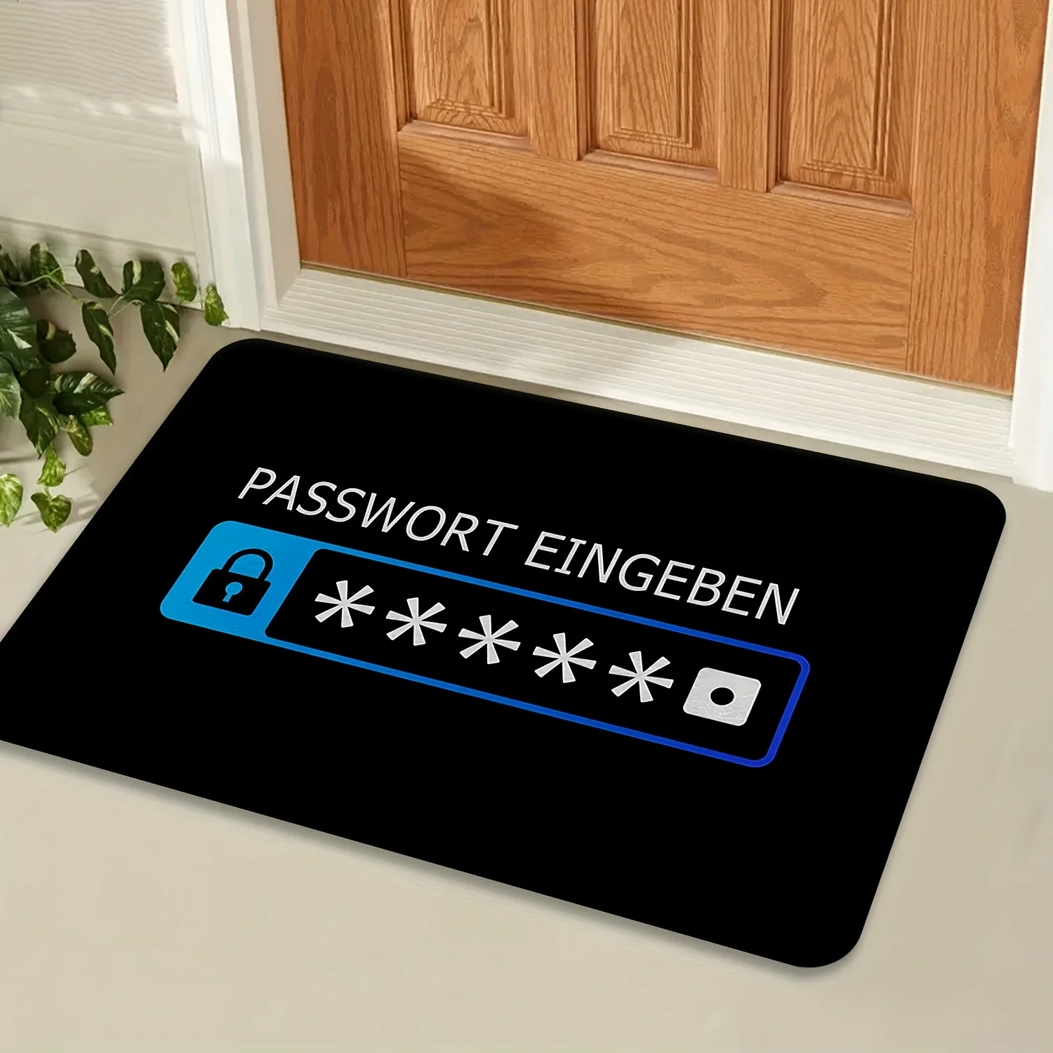 Password Doormat – Black, “PASSWORT EINGEBEN” + Lock Icon, Blue Input Bar, Flannel, Non-Slip, Indoor Use Only