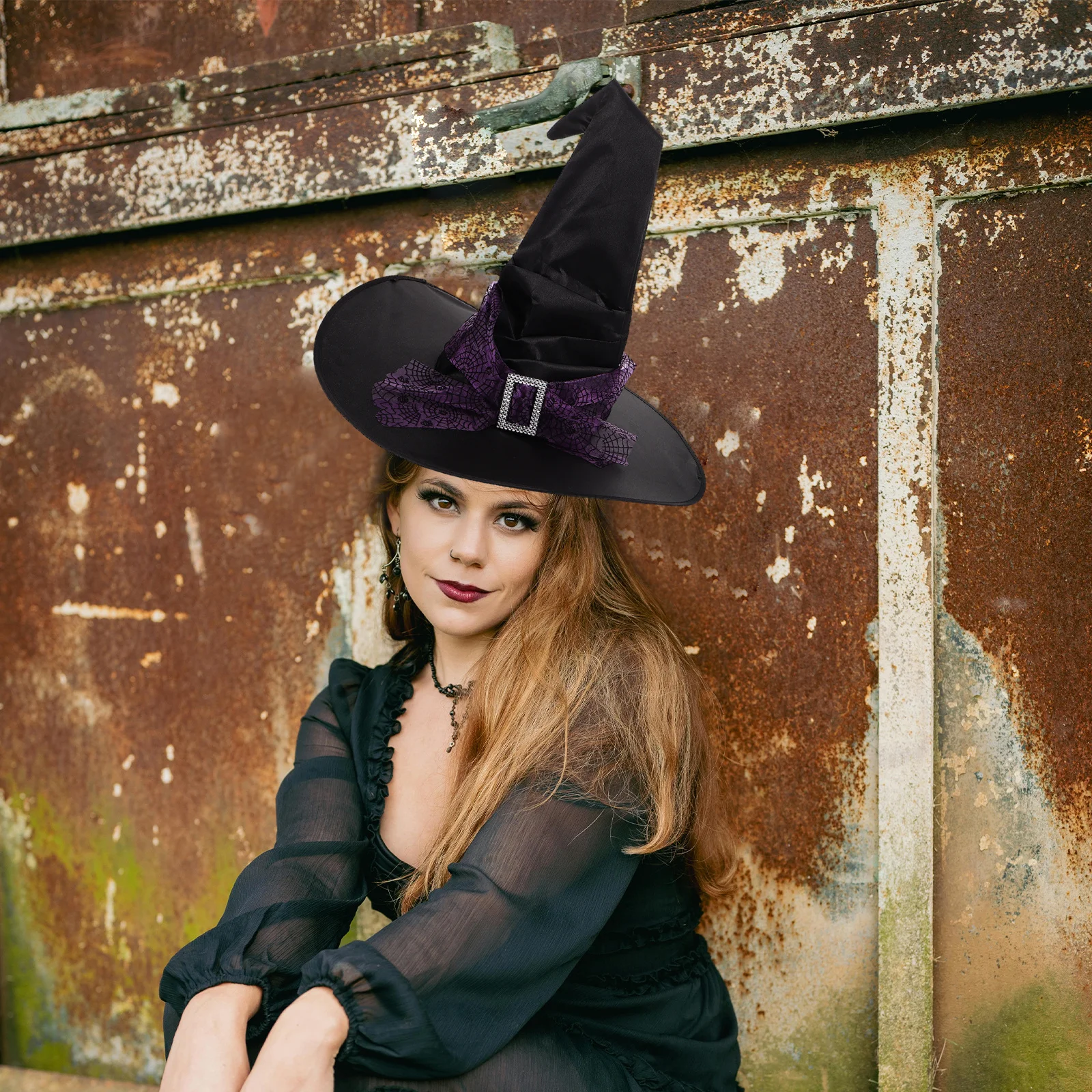 

Halloween Witch Hat Women Large Ruched Spider Web Design Cosplay Party Costume Headwear Festival Accessory Decorative