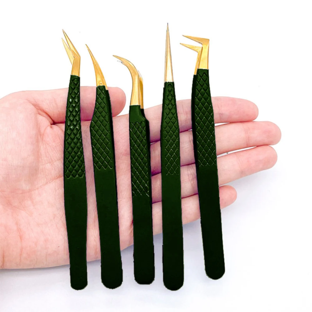 Pinzas de pestañas de acero inoxidable verde, antiestáticas, no magnéticas, profesionales, 3D, extensión, herramientas de maquillaje, 1 ud.