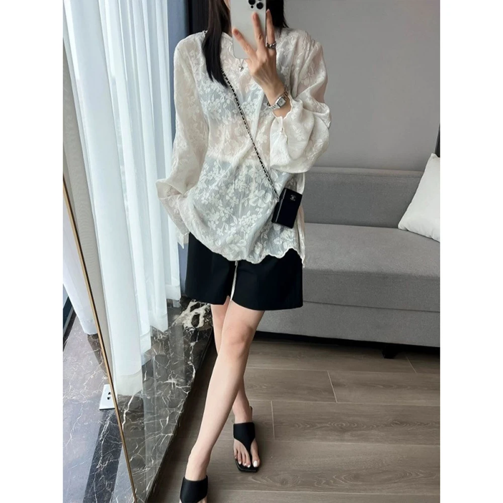 봄 여름 레이스 양산 커버 여성의 섹시 할로우 자수 느슨한 특대 패션 다목적 긴 소매 기본 셔츠상의