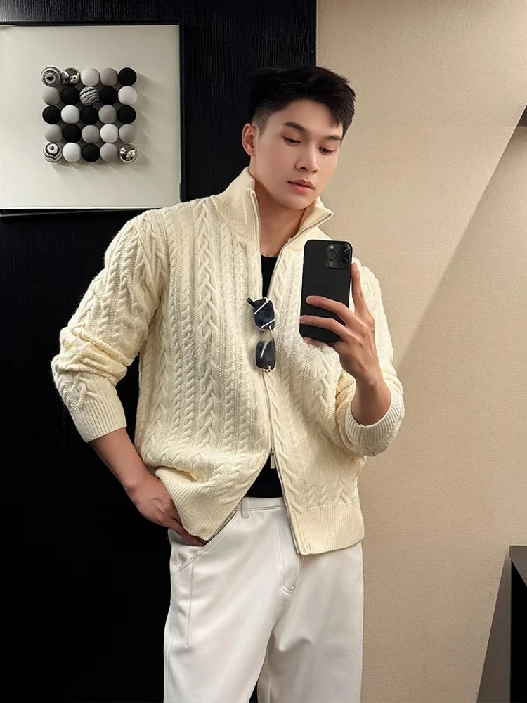 

Men's Knitted Cardigan Sweater in Light Beige with Linen Pattern Stand Collar Long Sve Soft Polyester Fiber Winter Outerwear