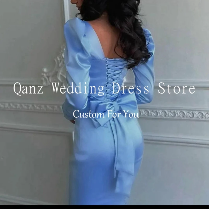 Qanz Sky Blue Customized Prom Dress Cap Sleeves Satin Evening Party Gowns Bow Corset Back Formal Wear Robe De Soiree Vestido