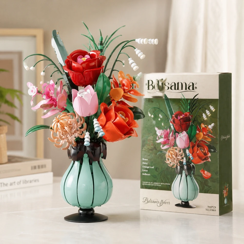 

NEW 566pcs European Vase Rose Bouquet Building Blocks, DIY Artificial Flower Arrangement Bricks, Mother's Day Home Decor Gift
