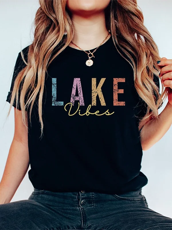 Lake Vibes Chalk Drawing Print Women T-shirt Popular Succinct Casual Female Shirt Faddish Literary Summer Holiday Girl Tee