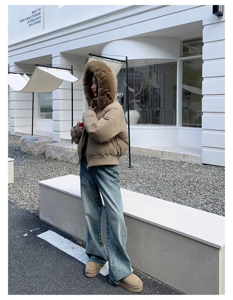 厚手の暖かいパーカーショートダウンジャケット大きな毛皮の襟フードカジュアル無地作業服コートシックなストリートウェアロパインヴィエロムヘール