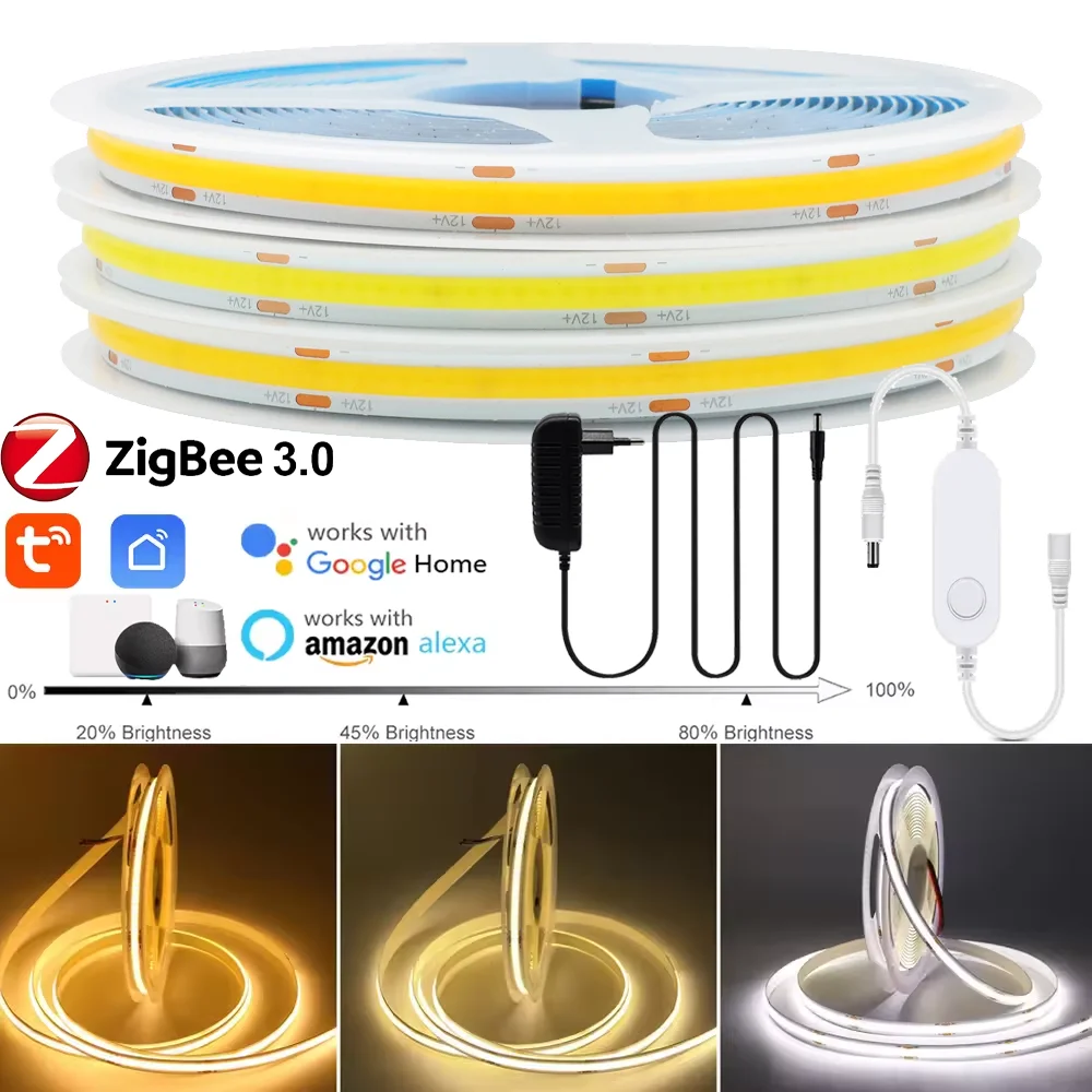 Zigbee3.0 DC12V COB Светодиодная лента 320 светодиодов/м Высокая плотность Гибкий FOB COB Светодиодный светильник Теплая природа Холодный белый Линейный с регулируемой яркостью