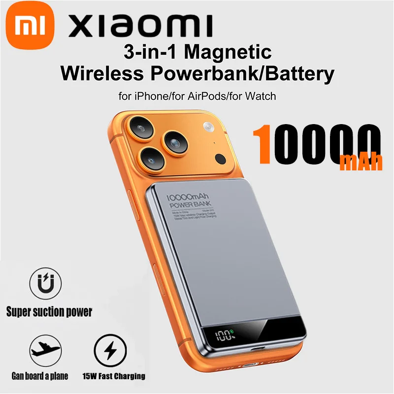بطارية باور بانك مغناطيسية Xiaomi 10000mAh 3 في 1 QI 15 وات شحن سريع لاسلكي مع شاشة ذكية لساعة iPhone Airpods #1