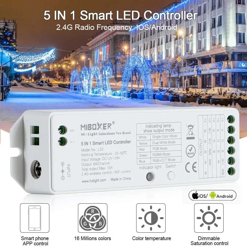 وحدة تحكم Miboxer 5 في 1 LED LS2 2.4G/ ZL5 Zigbee+2.4G / WL5 Wifi+2.4G 12-24V Alexa/Google Assistant/التحكم الصوتي 15A