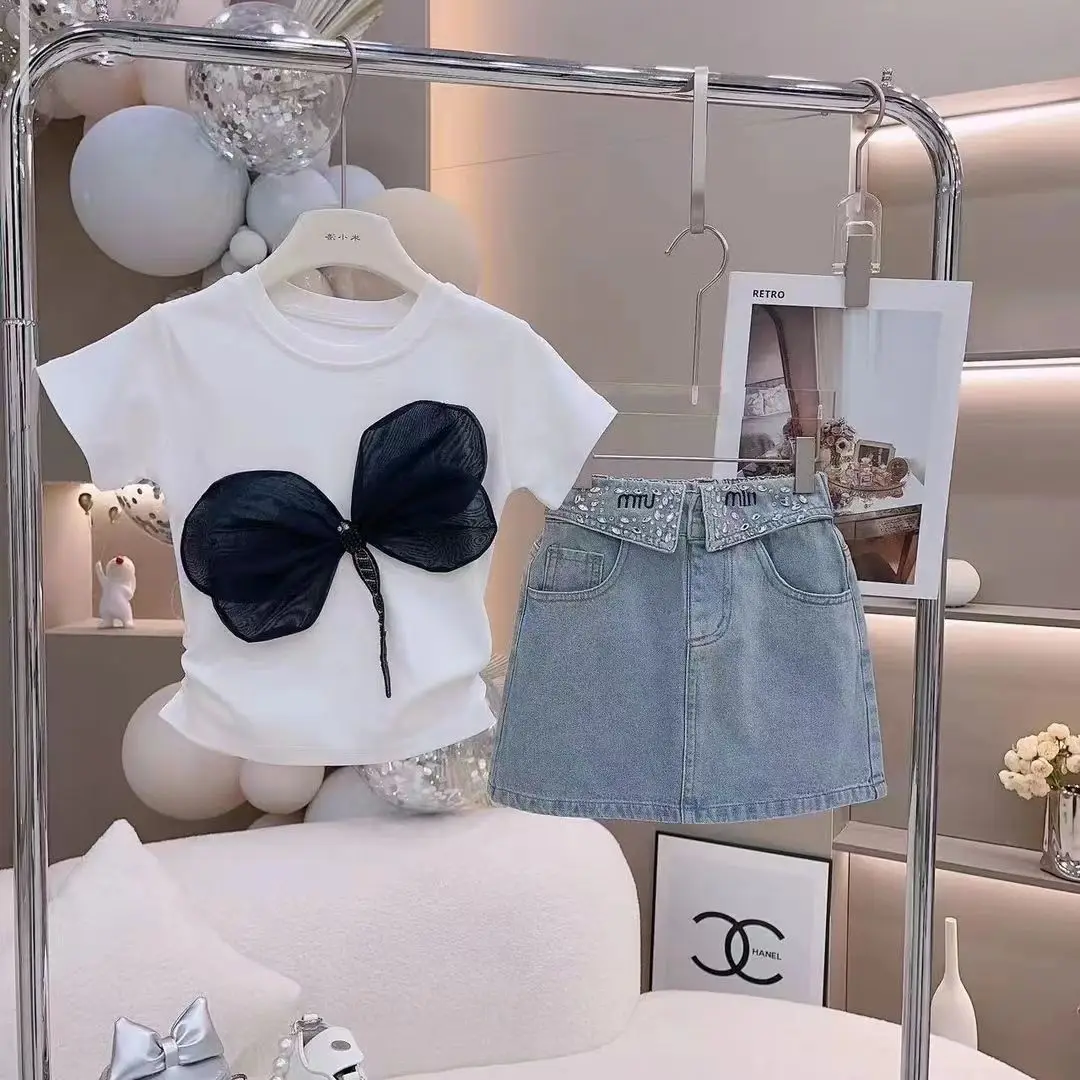 

2025 Girls Summer 2-Piece Set, Bow Short Sleeve T-Shirt & Denim Skirt, Fashion Outfit for Kids