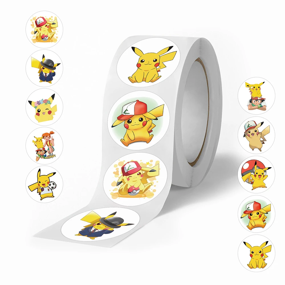 

500/1000/2000pcs Anime Pokemon Pikachu Round Sealing Stickers Roll Laptop Phone Fridge Label Decoration Reward Sticker Gift Toys