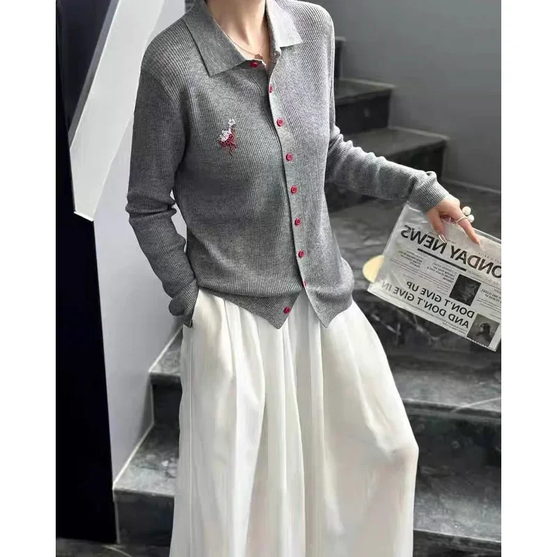 

Autumn Winter Basic Solid Elastic Slim Polo Collar Knitted Cardigan Women's Clothing Casual Chic Button Wool Commute Sweaters