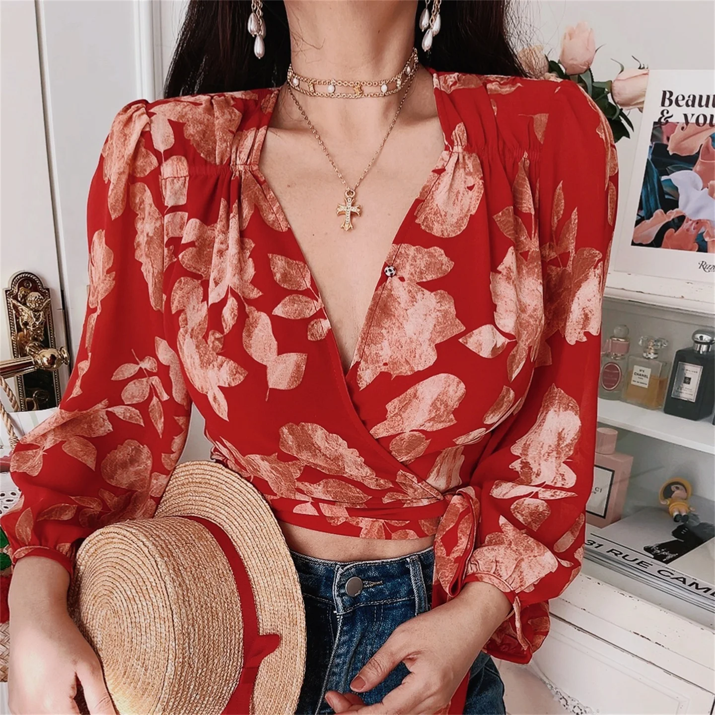 

Early Autumn Vintage V-neck Lantern Sleeve Belted Waist Holiday Floral Print Women's Shirt French Style Slim Fit Polyester Fiber