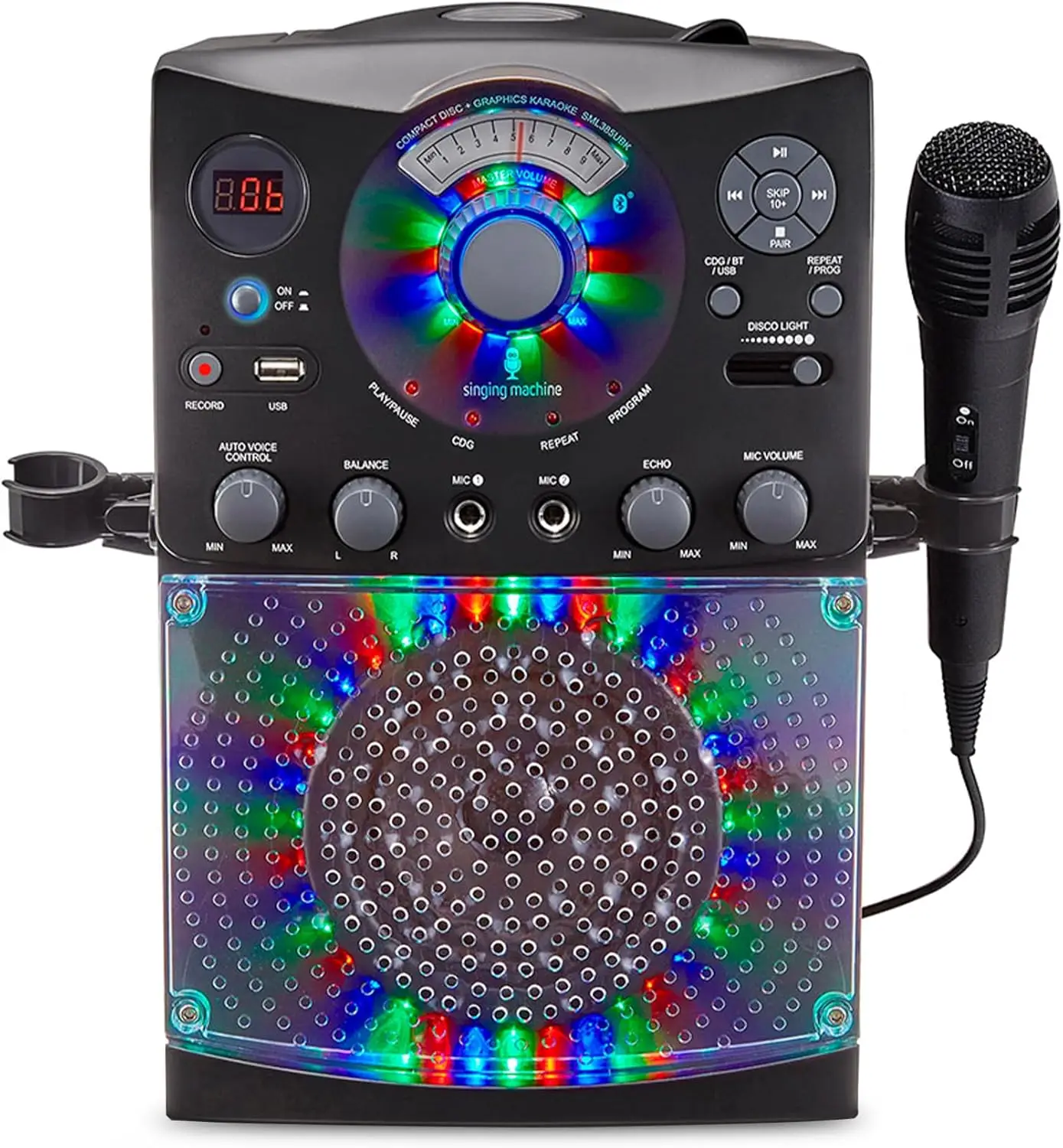

Караоке-машина для детей и взрослых с LED-подсветкой, Bluetooth, CD+G, USB, проводным микрофоном - черная