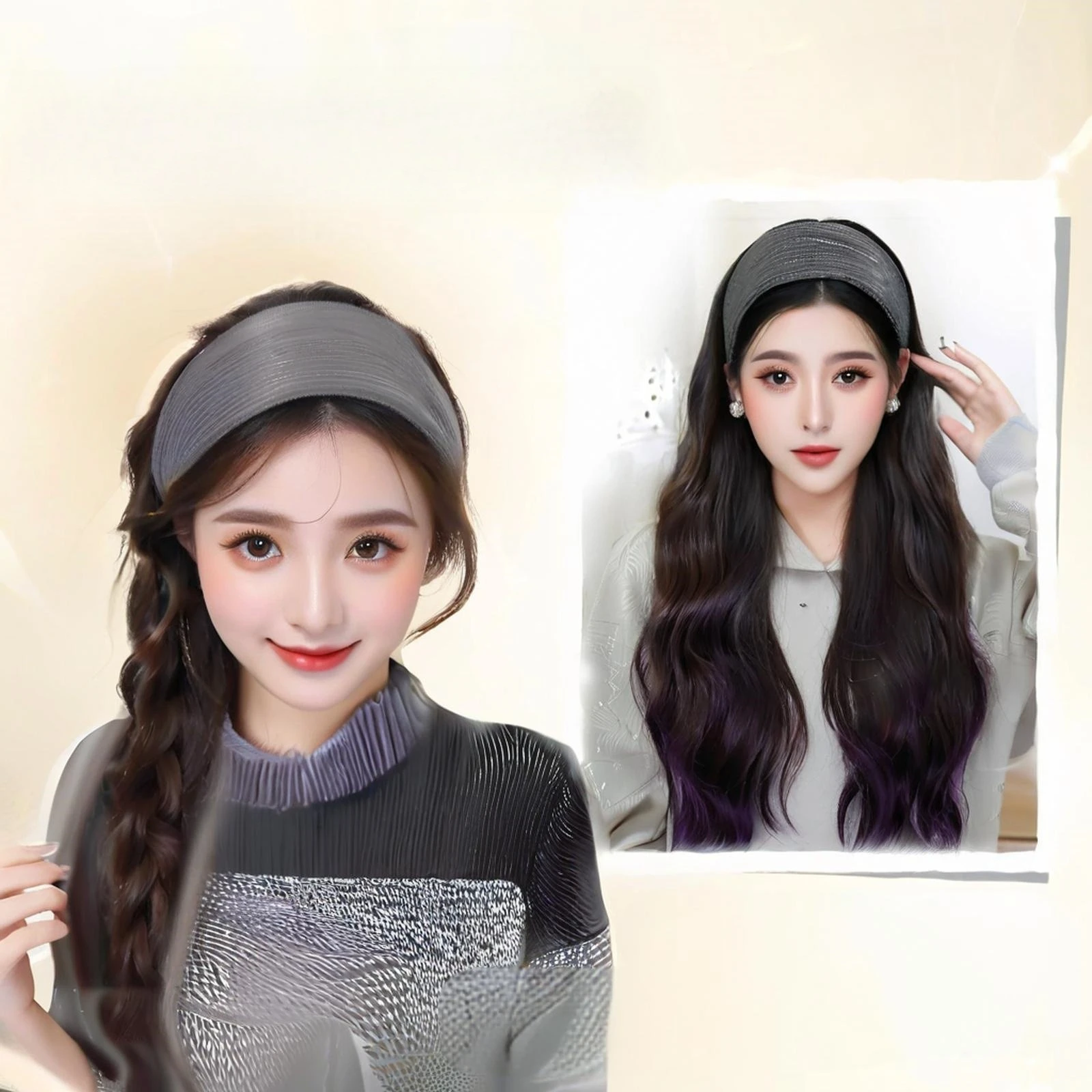 Women's Integrated Wig with Hairband, Fashionable Corn Curl Long Wavy Synthetic Semi-Headpiece Wig Accessories