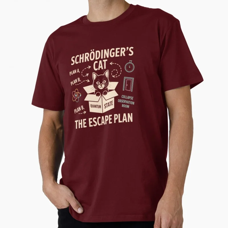 

Schrödingers Cat the Escape Plan Funny Quantum Physics Gift t shirt 100% cotton Print Graphic Clothing All sizes Tops