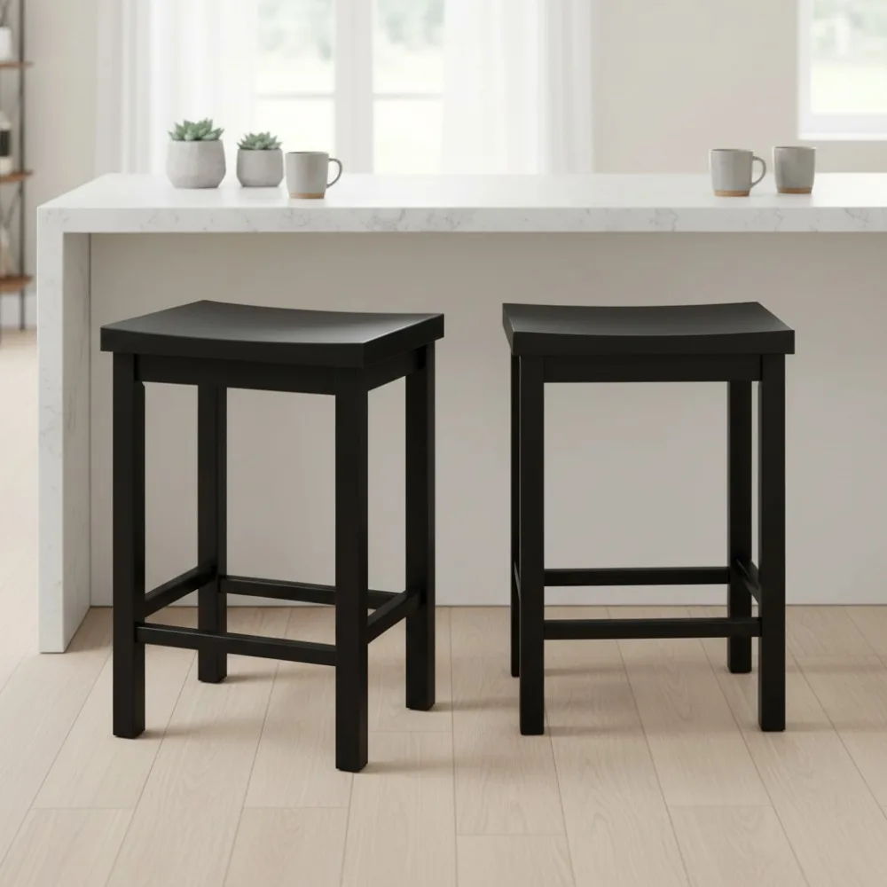 

Set of 2 Solid Wood Counter Height Bar Stools, 24-Inch Backless Saddle Seat for Kitchen Island Dining Home Bar Seating Black