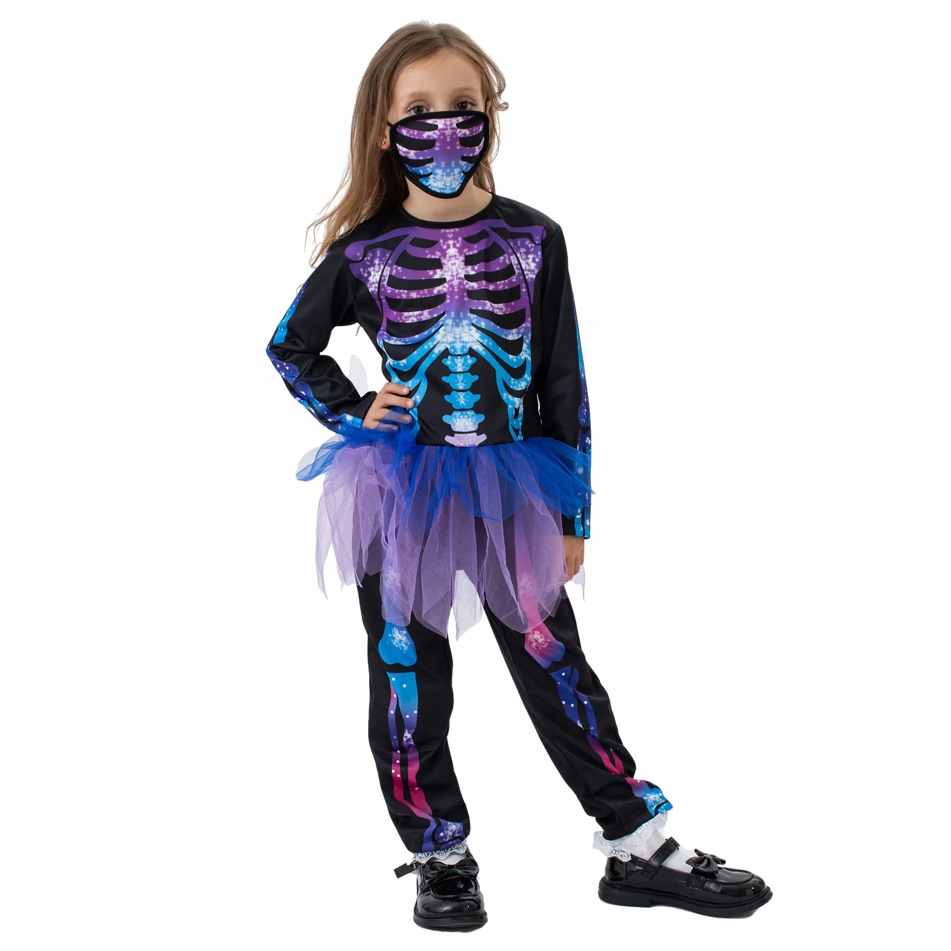 Kids Creations Funky Punky Bones Colorful Skeleton Deluxe Halloween Girls Costume Set