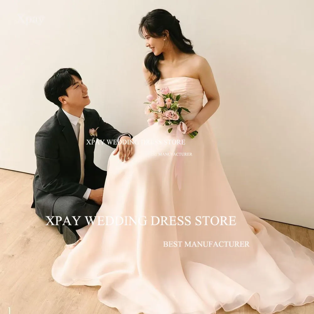 

XPAY Elegant Strapless Korea Evening Dresses Organza A Line Baby Pink Formal Party Prom Gown Customized Wedding Photos Shoot
