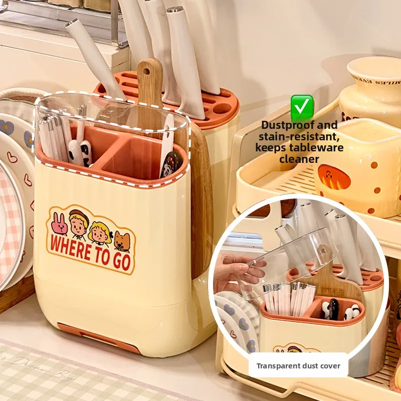 multifunctional-kitchen-countertop-chopsticks-tube-knife-holder-cutting-board-stand-drainage-storage-rack-integrated-design