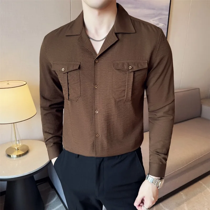 British Style Fashion Men Shirt Long Sleeved Autumn New Cotton Solid Casual Cuban Collar Formal Shirt High-quality Men Clothing