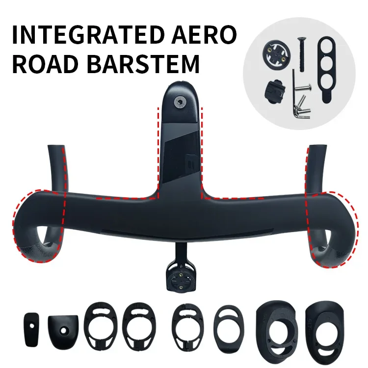 Road Bike Carbon Integrated Handlebar Internal Cable Management 1:1 Ratio 28.6mm Clamp Size 360-420mm Length with Computer Mount
