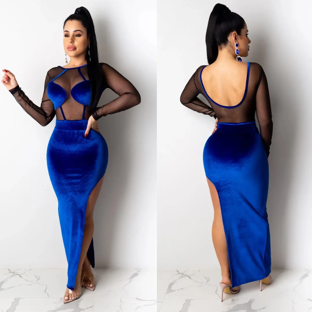 

Sexy Velvet Bal Long Sve Dr Side High Split Netting Patchwork Women's Faion mid Waist Polyester Nylon Cosite ...