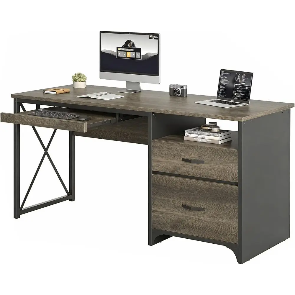 Oice Desk with Ders, 55 inch Industrial Computer Desk with Storage, Wood Teacher Desk with Keyboard Tray & ile Der or Home Oice,