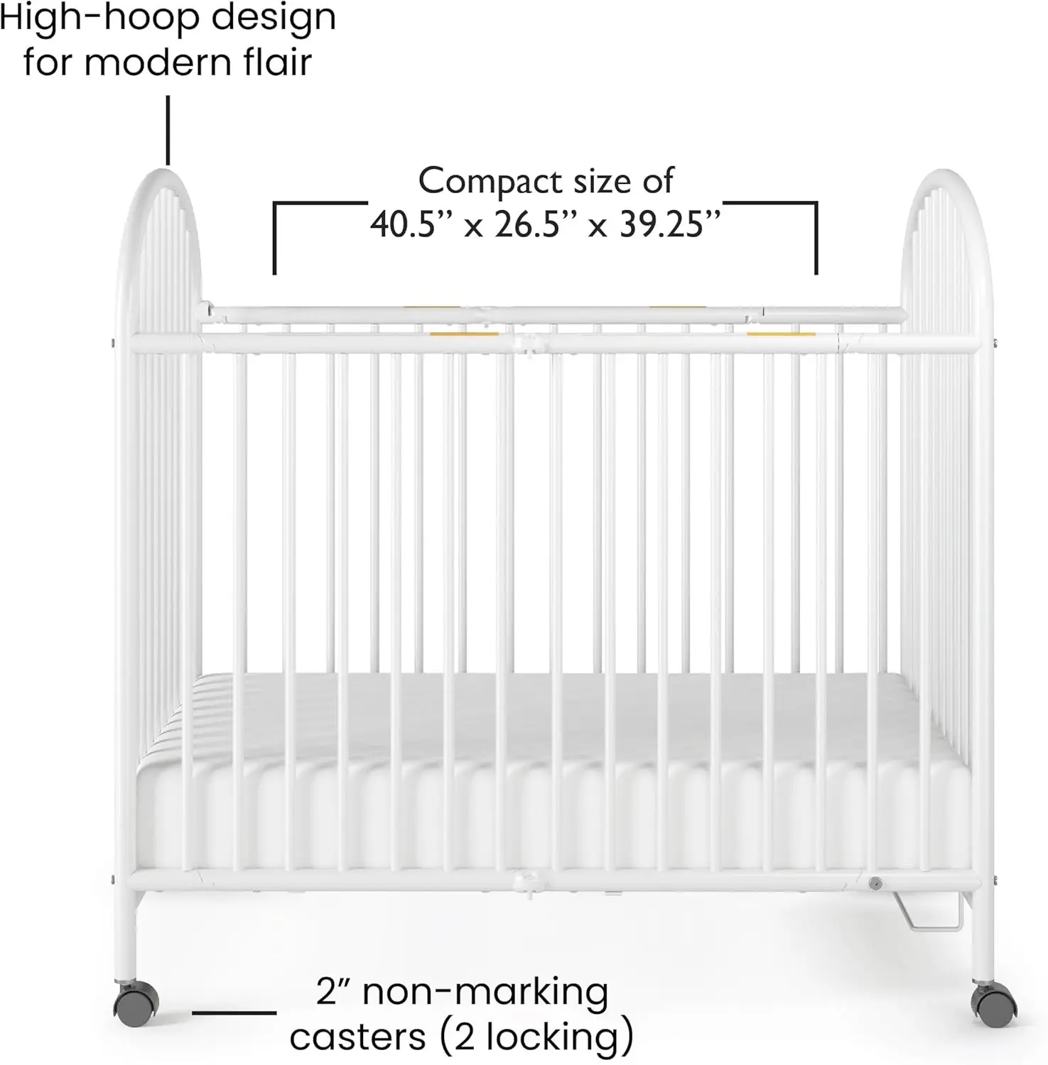 Berço portátil dobrável compacto arqueado Child Craft Sweet Dreamer com colchão de berço de 3" e 2 rodas de travamento de rolo fácil, durável