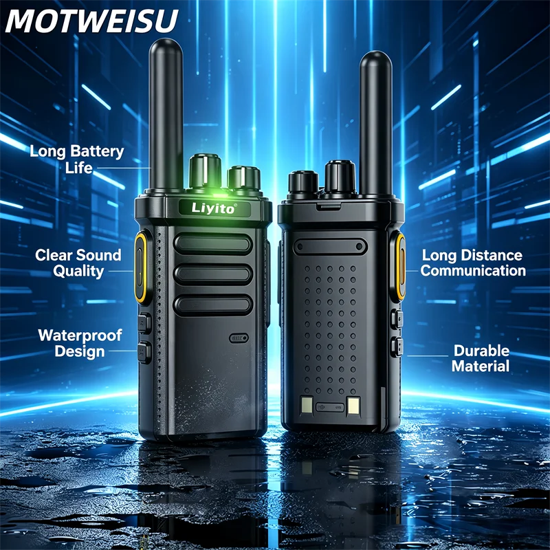 2台セットのクリアな音声を実現する双方向無線機。5w出力、uhf帯、16チャンネル、長距離通信、携帯型ハンドヘルドトランシーバー。屋外でのセキュリティ用途に最適。
