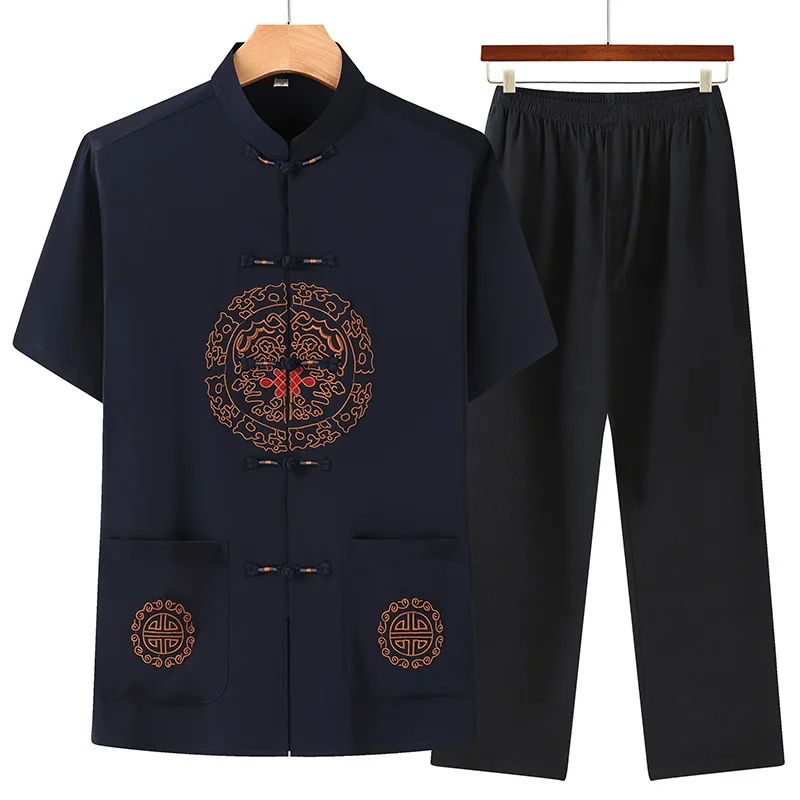 Vintage Embroidered Chinese Tang Suit Hanfu Men Classic Stand Collar Hand Button Kung Fu Suit Plus Size Cotton Linen Loungewear