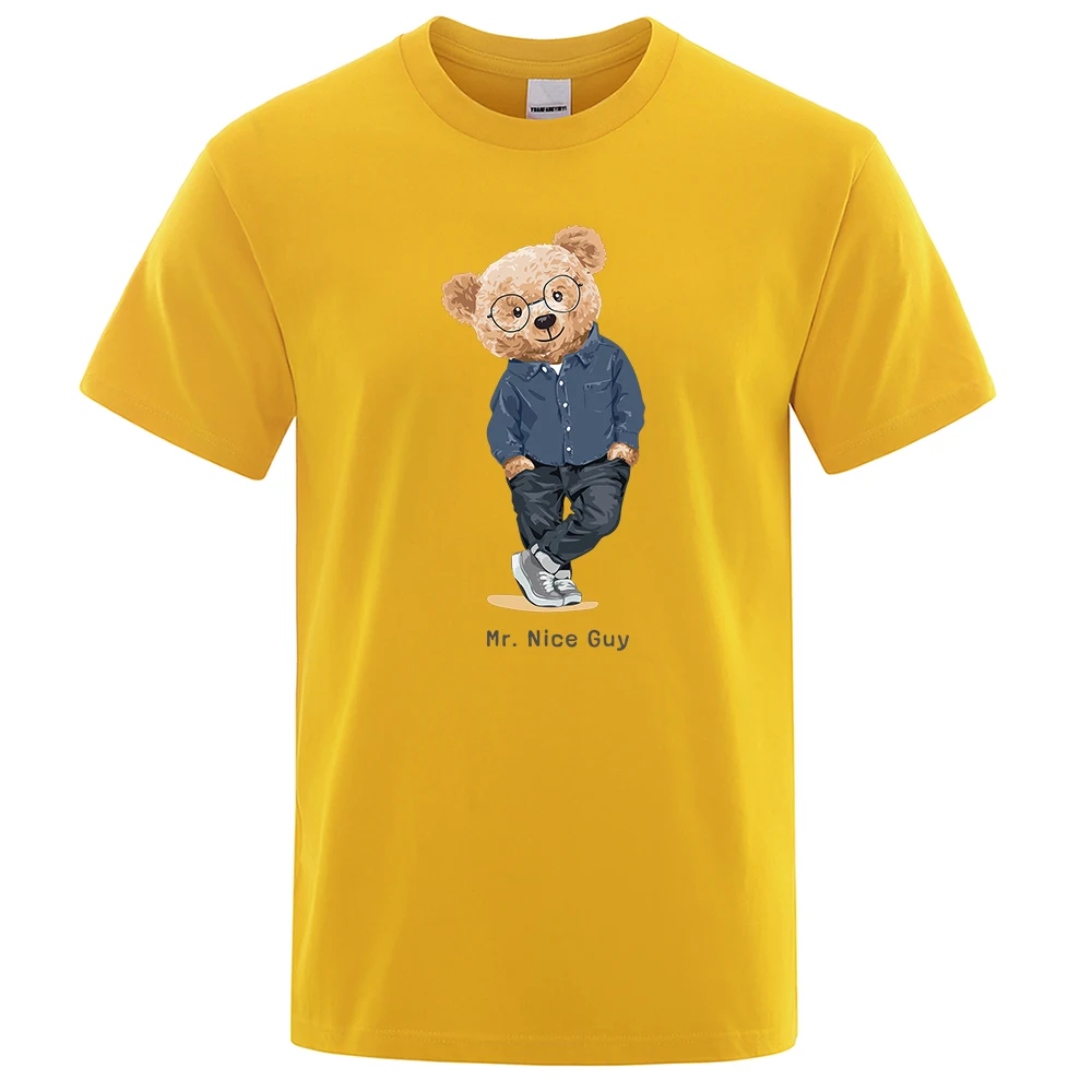 Gentleman Mr. Ted Bear Nice Guy Prints Men Short Sleeve Street Cotton T-Shirts Loose Oversized Clothing Casual Breathable Tees