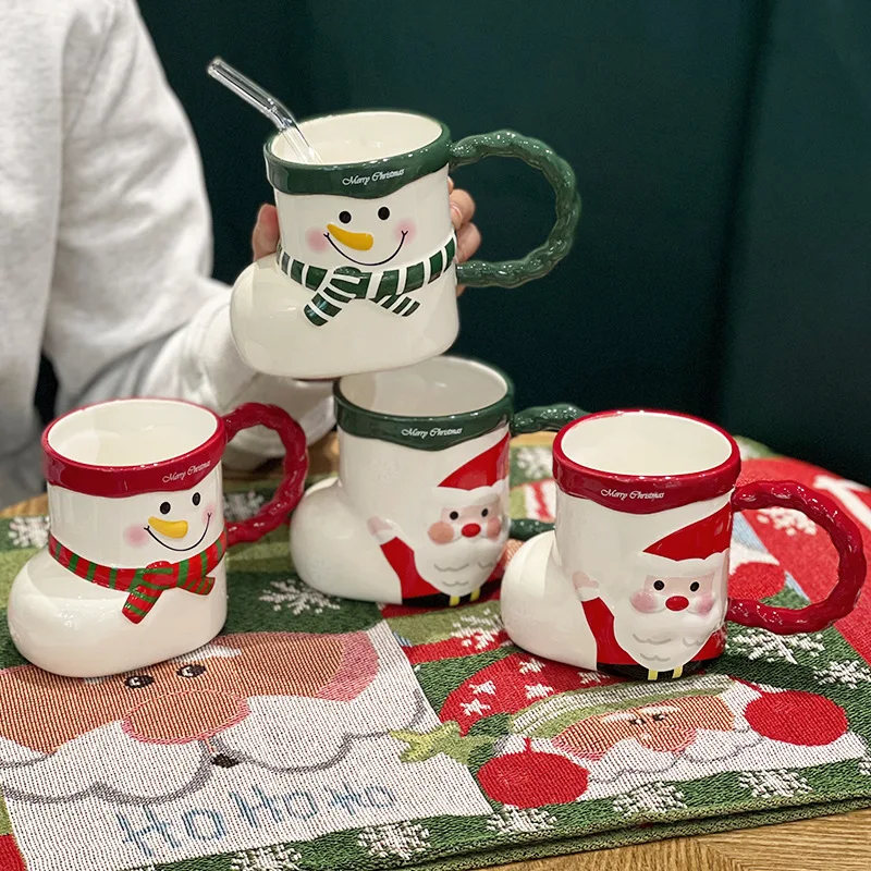 Christmas-themed ceramic mug with handle,3D Christmas socks, boots, and cup, heat-resistant for home use, snowman gift mug 360ml