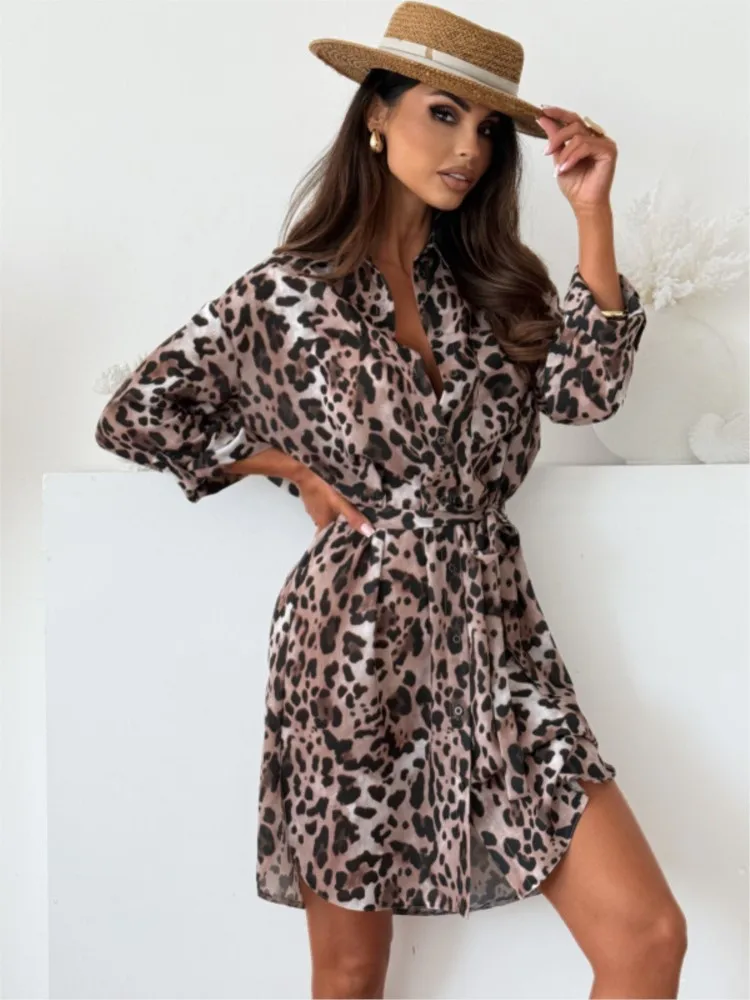 

New Womens Lapel Midi Dresses 2025 Spring Autumn Fashion Stripe Print Loose Waistband Long Sleeve Casual Lace Up Shirt Dress