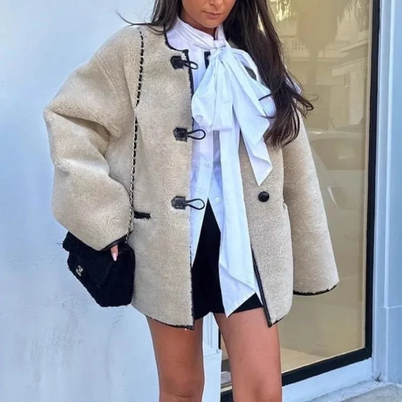 

Round - Neck Shearling Jacket 2025 New Women's Single - Breasted